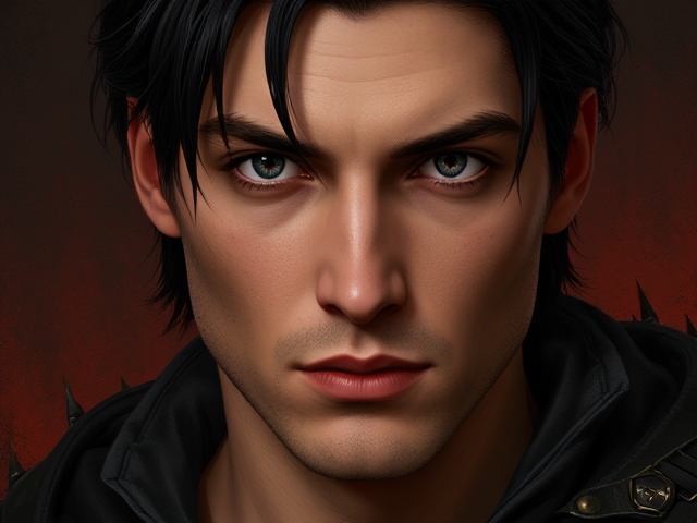 Generate an image/portrait of a fantasyhunter.  He is a human, 25 years old, has middle lenght, black, bit greasy slicked back hair and grey eyes. Slightly oval face. His is clean shaven. Make the image in color.