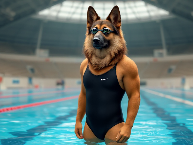 A tall anthropomorphic long haired German shepherd with a long torso and broad shoulders, wearing a high cut Nike one piece swimsuit and swimming goggles, in a Olympic swimming pool