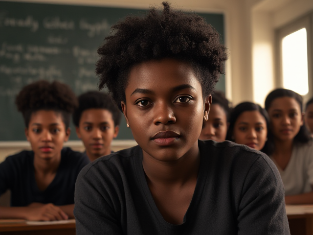 Élèves afro-américains devant un tableau  dans une salle de classe, ambiance studieuse et chaleureuse, tableau noir avec écriture visible, lumière naturelle entrant par la fenêtre