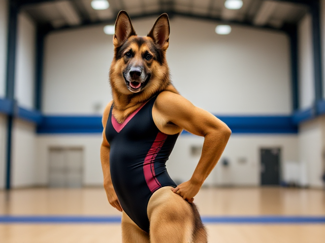 Anthropomorphic German shepherd wearing a gymnastics leotard, posing with emphasis on its hips in a gymnasium setting, detailed and vibrant colors