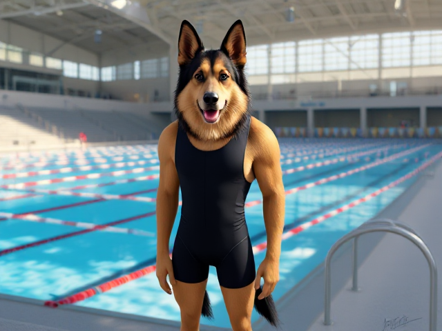 A tall anthropomorphic long-haired German shepherd Olympic swimmer with a long torso and broad shoulders, wearing a racing swimsuit and goggles while standing next to a Olympic-sized pool