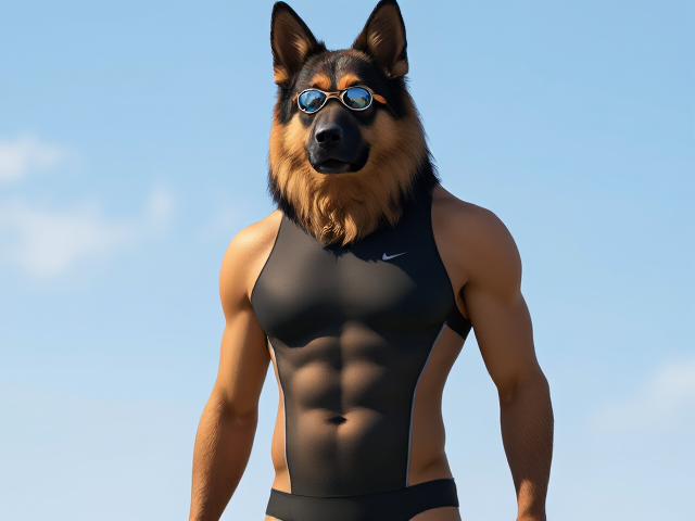 A tall and lean anthropomorphic long haired German shepherd with a long torso and broad shoulders wearing a high cut Nike one piece swimsuit and swimming goggles