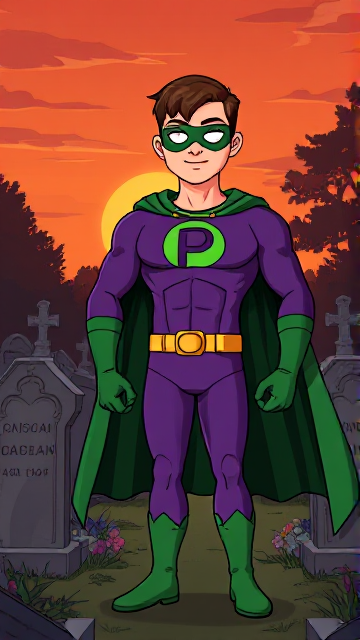 Dramatic Cartoon scene: A young, Autistic 25-year old boy with light skin and flat, smooth, and slick brown hair with a singular curled bang in the shape of a P sticking out at the front named T.J. Granger, but transformed into a genetically-altered superhero named Powerman, who, despite still being a young adult kid, has an extremely muscular body. He wears a sleek purple bodysuit with a green P symbol on his chest, a golden belt with a circular buckle, green briefs, green boots, green long-cuffed gloves, a really big, toe-length long, ultra-wide green cape wreathed around his neck, and a green eye mask that protects his true identity and also causes his pupils to magically disappear as his eyes glow an eerie white. He also has incredible and invincible superpowers flowing through his veins. In this scene, Powerman is currently standing in a graveyard at sunset, visiting the grave of his deceased grandmother, paying his respects while he wishes she could have seen the superhero he has become.