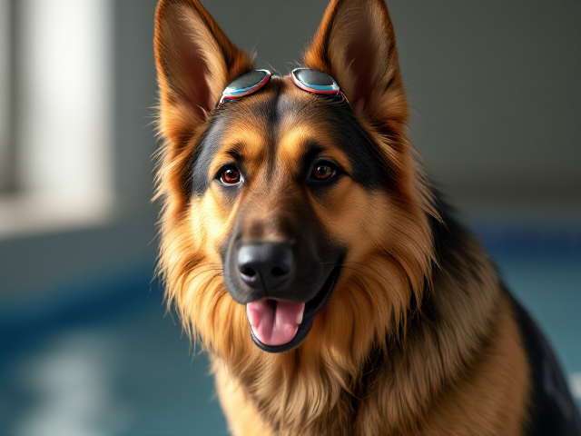 A anthropomorphic long haired German shepherd wearing a racing swimsuit and swimming goggles