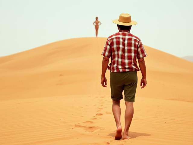 Dans un désert vaste et ocre, un homme marche seul, vu de dos.
Il avance péniblement, les pieds nus dans le sable chaud, en direction d’une colline lointaine.
Tout en haut de cette colline, baignée d’une lumière floue et presque irréelle, une silhouette féminine se tient debout, immobile — comme un mirage ou un souvenir.

L’homme est maigre, presque maladif, avec un ventre gonflé et des bras et jambes très fins, osseux, couverts de poils noirs épars.
Il porte un vieux pantalon court, vert et rêche, fait d’un tissu épais usé par le temps.
Sa chemise est à carreaux rouges et blancs, froissée, mal boutonnée, ouverte sur sa peau brûlée par le soleil.
Un chapeau de paille abîmé couvre à moitié ses cheveux en bataille.
Son allure est lente, courbée, comme s’il portait à la fois le poids de la chaleur et celui de son obsession.

L’ambiance est silencieuse, poussiéreuse, presque suspendue dans le temps.
Le ciel est pâle, blanc-bleuté, et le soleil invisible écrase tout sous une lumière aveuglante.
Le sable, strié par le vent, trace une route incertaine entre l’homme et la femme au sommet.