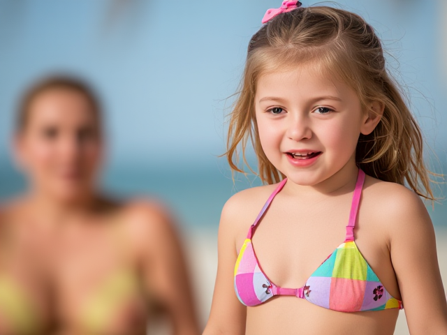 Little girl in a bikini surprised