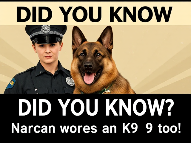 Make a poster with a police officer and a police dog, the words “DID YOU KNOW? Narcan works on K9 too.” Make it art deco style