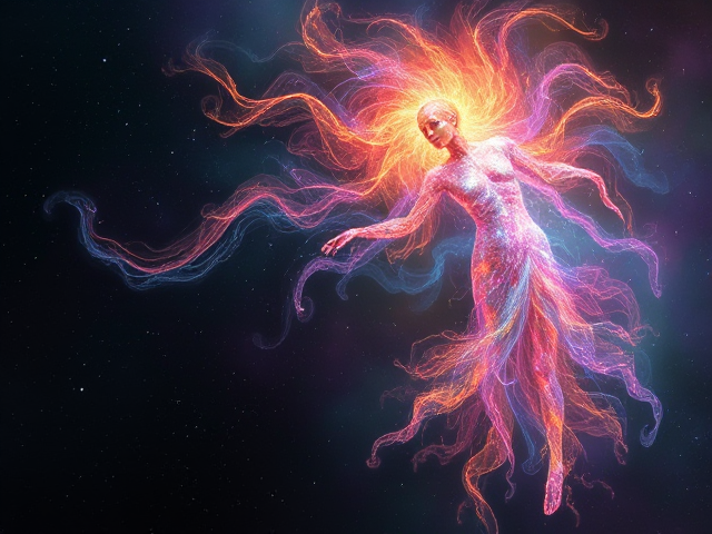 Imaginary ethereal being composed of swirling, radiant light with vibrant colors and intricate patterns, floating in a cosmic space background