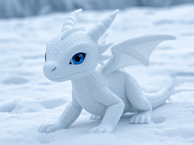 Cute baby dragon made of white ice, with intricate scales and bright blue eyes, set against a snowy landscape