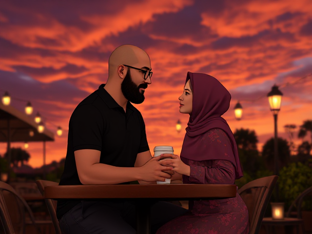 A romantic scene at an outdoor café during a vibrant sunset, featuring a bald young Muslim man with a bushy beard, wearing black-framed eyeglasses, snuggling his hijabi wife who is wearing a flowing, floral dress, while the man is dressed in a black polo and smart trousers. They gaze into each other’s eyes, holding hands around a coffee cup. The sky is filled with dramatic, warm-toned clouds, and soft lanterns illuminate the scene, adding a cosy, intimate ambiance. The art style is Disney inspired with a warm colour palette, capturing the soft lighting and detailed textures to convey a dreamy, romantic atmosphere.
