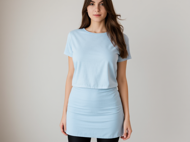 Brunette wearing a light blue t shirt skirt. She also is with black leggings