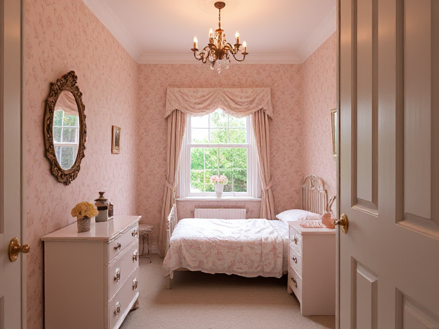 a tiny cramped closet room. a victorian cottage a feminine little girly bedroom in a cottage with a single bed and a small dresser. pale pink wallpaper. A small chandelier hung from the ceiling. a view of the garden
