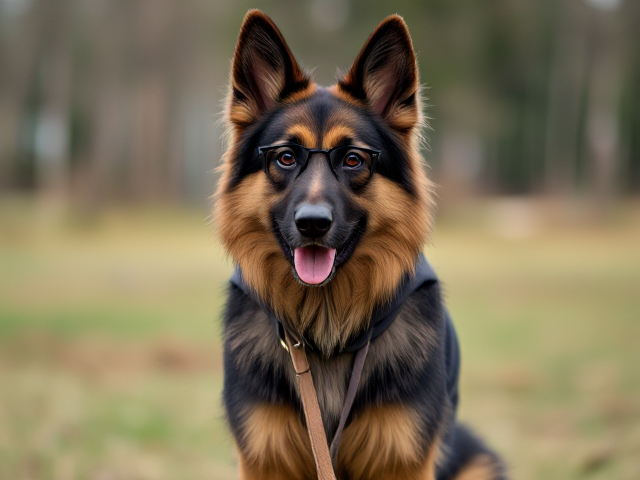 A anthropomorphic long-haired German shepherd wearing a hoodie, glasses, and leggings