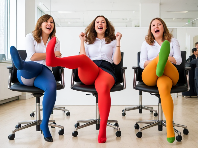 Beautiful women office workers in blue, red, green and orange stockings howling in hysterical laughter at their chairs, kicking out one leg towards the viewer
