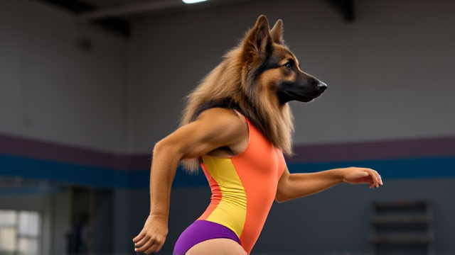 Anthropomorphic Long-Haired German Shepherd wearing a vibrant gymnastics leotard, posing dynamically in a gym setting, detailed fur texture and realistic lighting