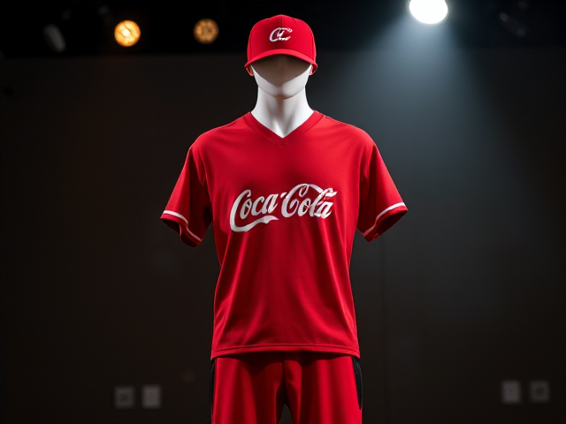 A red baseball hat with coca cola logo with a red v neck athletic shirt with coca cola logo with red baseball pants red socks and white cleats displayed on a mannequin