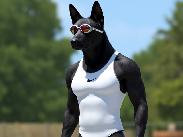 A tall and lean anthropomorphic black German shepherd with a long torso and broad shoulders wearing a white high cut Nike one piece swimsuit and swimming goggles