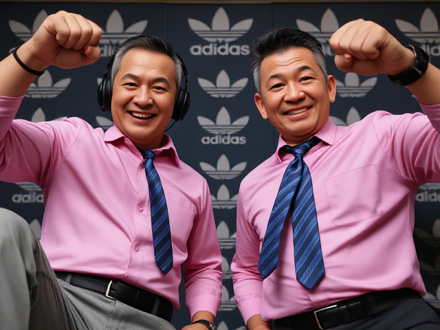 Close-up view of two fierce Japanese handsome old senior smiling businessmen standing confidently. They have short haircuts and are stomping with one leg raised, arms raised in a dominant pose. They're wearing pink collared long-sleeve shirts with large blue striped ties, headphones on their ears, and smartwatches on their wrists. The background features Adidas logos as wallpaper. The perspective is from a low angle, emphasizing their conquering stance. Their faces display angry determination with frowned eyebrows, pursed lips, and clenched fists