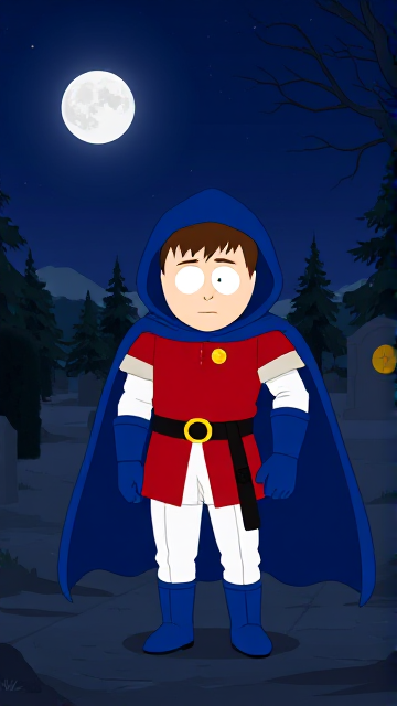 Dramatic Cartoon scene: Clyde Donovan from South Park, light skin and brown hair, but as a 14-Year Old teenager, dressed as a medieval prince, wearing a red shirt with white sleeves, a black belt with a gold buckle, white pants, blue boots, blue long-cuffed gloves, and wreathed in a really big, heel-length long, ultra-wide blue hooded cape around his neck held up by a golden button. He is now known as Prince Donovan. Despite still being a teen-age kid, he is the Youngest Ruler of South Park, Colorado, but now reborn as the real life Kingdom of Kupa Keep, Zaron, and Prince Donovan is its youngest and greatest hero. The young teen-age prince of Kupa Keep is currently standing in a graveyard at night, visiting the grave of his deceased mother, paying his respects while he wishes she could have seen the prince he has become.