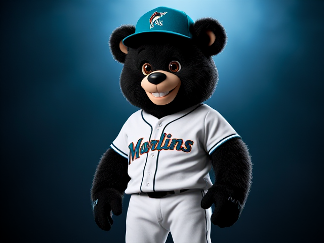 A tall built human teddy bear black fur brown eyes wearing a Marlins uniform teal hat with a marlin logo white baseball jersey with Marlins written across the front in teal and black white baseball pants with teal and black piping black socks teal cleats smiling