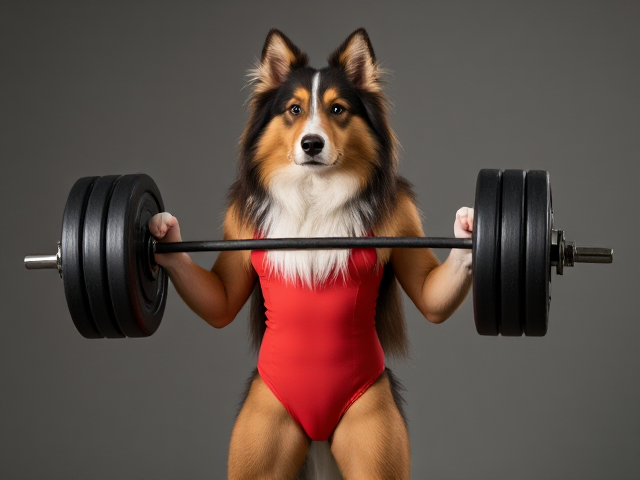 A anthropomorphic Rough collie wearing a leotard lifting a barbell, full body view