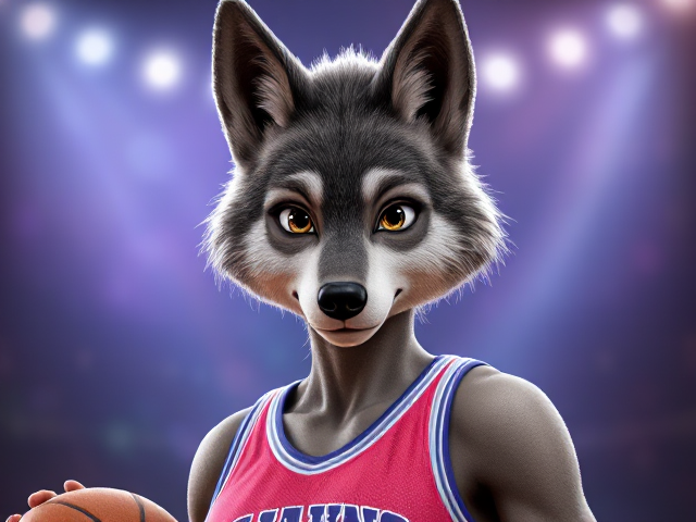 A tall and lean anthropomorphic female gray wolf basketball player