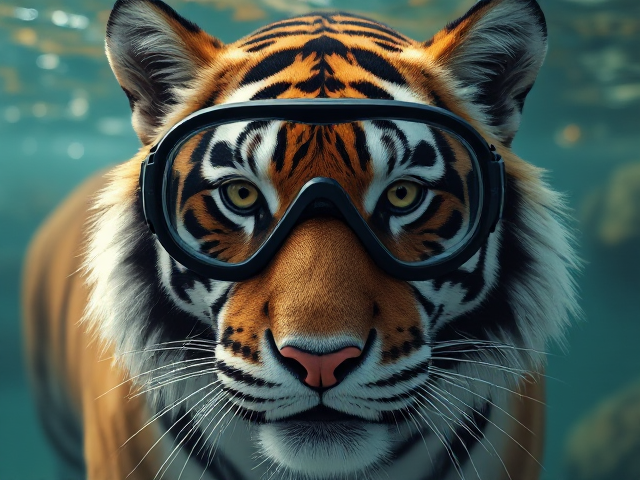 A tiger wearing Freediving goggles