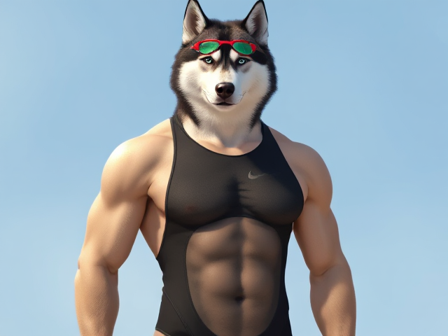 A tall and lean anthropomorphic Siberian husky with a long torso and broad shoulders wearing a high cut Nike one piece swimsuit and swimming goggles