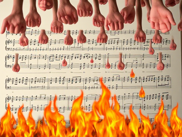 "dance monkey" sheet music in background, with tops of flames in the foreground, and many red thumbs down raining from above.