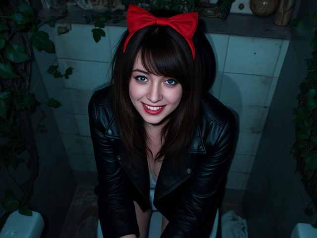 tall thin woman 24 years old long dark brown hair that's all over the place blue eyes wearing a black leather jacket with a red bow on her head sitting on the toilet smiling at night closeup view