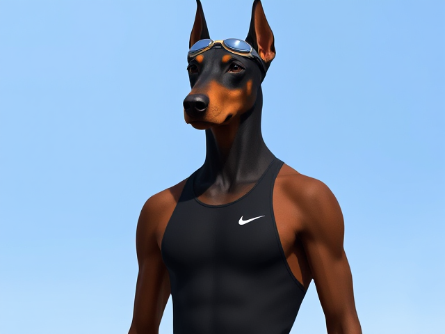 A tall anthropomorphic Doberman with a long torso and broad shoulders wearing a high cut Nike one piece swimsuit and swimming goggles
