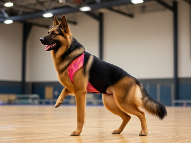 Anthropomorphic long-haired German shepherd with muscular hips wearing a colorful gymnastics leotard, performing in a well-lit gymnasium, showcasing agility and strength