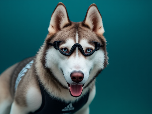 A anthropomorphic Siberian husky wearing an adidas swimsuit and Freediving goggles