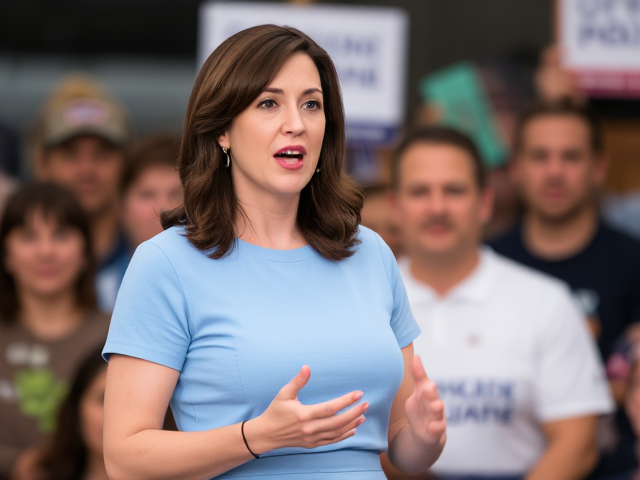 Brunette female politician, wearing a light blue t-shirt and skirt of the same shade, energetically speaking at a rally