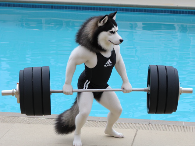 A anthropomorphic Siberian husky wearing an adidas swimsuit deadlifting a barbell on a pool deck