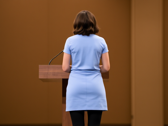 Brunette female politician, wearing a light blue t-shirt and skirt of the same shade, black leggings,   speaking at a podium full body view