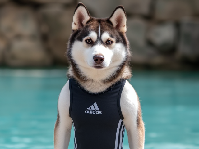 A cute anthropomorphic Siberian husky wearing an adidas swimsuit