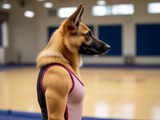 A anthropomorphic German shepherd with blonde hair wearing a gymnastics leotard in a gymnasium