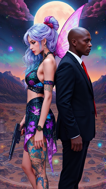 A hyperrealistic pop digital artwork masterfully blending watercolor, alcohol ink, oil painting, and colored pencil in the signature style of Eve. The scene unfolds in a desolate, radioactive landscape bathed in an eerie, vibrant glow. Two striking figures stand back-to-back in perfect symmetry, their side profiles radiating power and mystery. One figure is a mesmerizing fairy with cascading hair in hypnotic shades of baby blue, purple, and rose. Her ethereal beauty is contrasted by bold cyberpunk graffiti-inspired attire—layers of intricate, futuristic patterns and textures that shimmer under the harsh light. Her wings, faintly visible, appear almost holographic, flickering at the edges. In her hand, she holds a sleek, futuristic gun, the barrel reflecting the ambient light of the wasteland. Beside her, the second figure is a faceless man in a sharply tailored black suit and a striking red tie. Instead of a head,