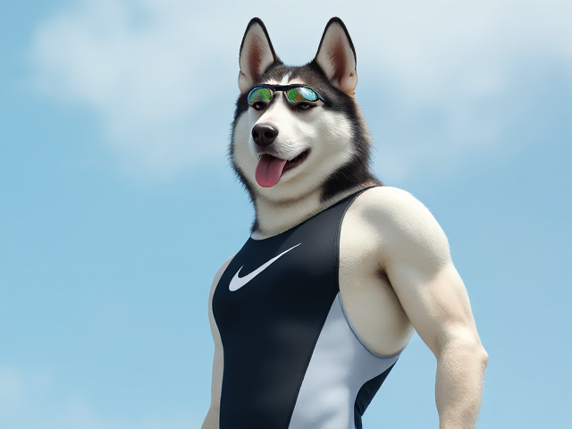 A tall Siberian Husky with a long torso and broad shoulders wearing a high cut Nike one piece swimsuit and swimming goggles