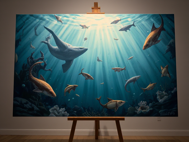 Inside the ocean with sea creatures, painting, on a stand with good lighting