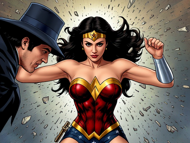 Wonder woman crashing two criminal’s heads together