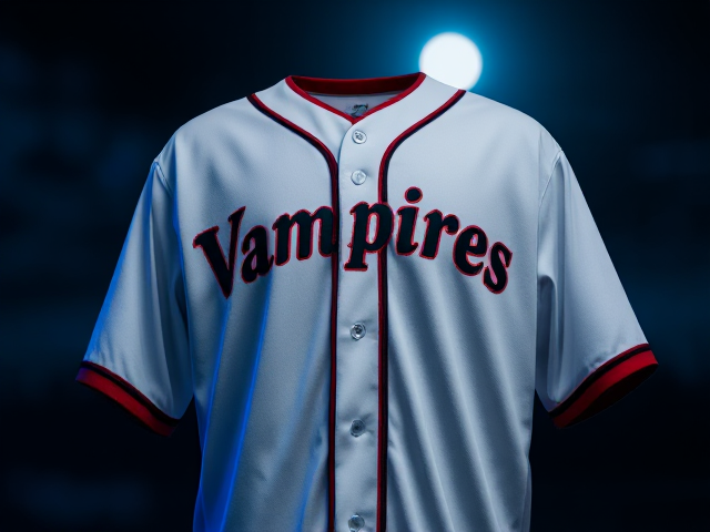 A white baseball jersey with Vampires written across it in black and red with red and black piping around the neck and cuffs of the jersey
