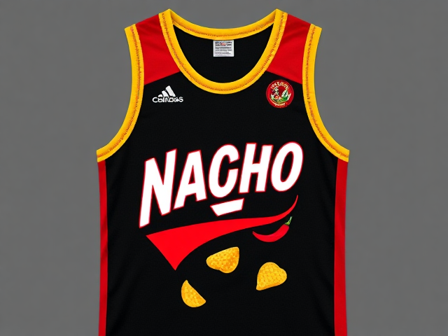 A singlet for nacho average squad with gold trim, black main colour, red highlights and a corn chip and hot chilli theme