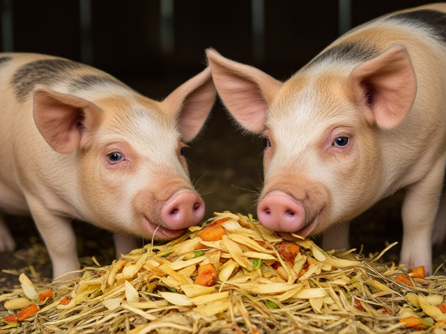 Two pigs eating lots of food