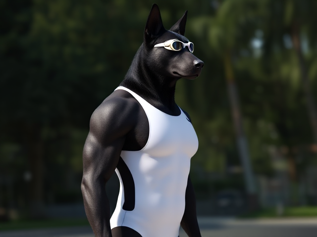 A tall and lean anthropomorphic black German shepherd with a long torso and broad shoulders wearing a white high cut Nike one piece swimsuit and swimming goggles