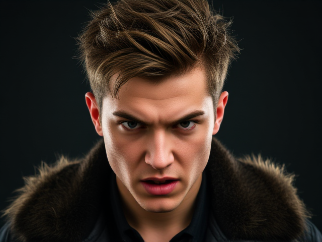 Create a young man with an angry, straight posture looking at the viwers with intense expression,
. Give him messy, spiky hair and a dark jacket with a fur collar to make him look rough and edgy.