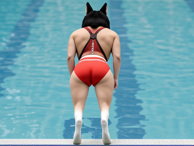 A tall anthropomorphic Siberian husky Olympic swimmer with strong legs wearing a Sailfish sportback swimsuit