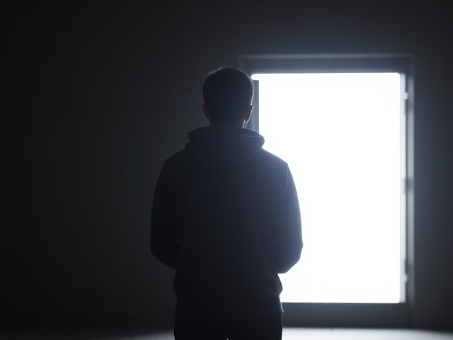 A person stands facing the viewers, illuminated by a glowing doorway or vault behind them. Their face is obscured by shadows or a hoodie, adding an air of mystery to their identity. The bright light spills out from the door, hinting at something concealed within, sparking intrigue. The figure's posture conveys anticipation, as if they are on the brink of revealing something significant or secret. The minimal background ensures all attention is drawn to this suspenseful moment, with a captivating interplay of light and shadow that keeps viewers guessing.