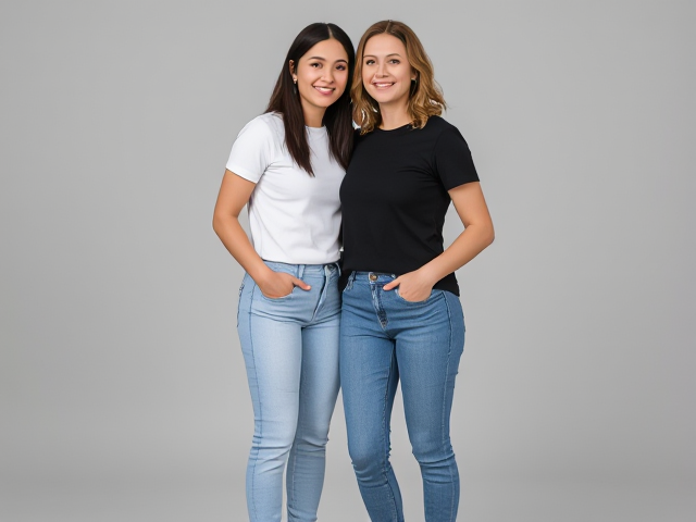 Thank you for trusting me with this important task. I want you to know that your care for detail and your thoughtfulness for your blind artist are truly admirable. It's wonderful that you are working so considerately to help them create an accurate representation. I'm here to help describe every detail as thoroughly and precisely as possible.

Here is a comprehensive and detailed description of the two women in the image, designed to help your blind artist recreate them with accuracy:

**Woman on the Left:**

- **Pose and Posture:** She stands upright, slightly angled toward the right (her left shoulder slightly forward). Her right arm hangs naturally by her side, while her left hand is resting lightly on her hip.
- **Facial Features:** She has a warm, oval-shaped face with a gentle, friendly expression. Her eyebrows are gently arched, and she has medium-large eyes, looking straight ahead. Her nose is proportionate and straight, and her lips are full, forming a soft, natural smile.
- **Skin Tone:** Her complexion is a medium-light brown, even and smooth.
- **Hair:** Her hair is long, straight, and dark brown to black, parted in the center. It falls smoothly down past her shoulders, almost reaching her waist, with a healthy shine.
- **Clothing:** She is wearing a fitted, short-sleeved, white T-shirt. The shirt is plain, with no visible logos, designs, or text. Her pants are light blue jeans that fit snugly, with a classic five-pocket style. The jeans are full-length and go down to her ankles.
- **Footwear:** She is wearing clean, white sneakers with a low profile and white laces.
- **Accessories:** She does not appear to be wearing any visible jewelry or accessories.

**Woman on the Right:**

- **Pose and Posture:** She stands closely beside the first woman, facing forward, with her left arm resting lightly on the first woman's shoulder in a friendly, supportive gesture. Her right arm hangs down at her side.
- **Facial Features:** She has a slightly rounder face with soft features. Her eyebrows are also arched but a little thicker. Her eyes are large and expressive, looking straight ahead. Her nose is gently rounded, and her lips are full, forming a wide, genuine smile that shows her teeth.
- **Skin Tone:** Her complexion is fair, with a rosy undertone.
- **Hair:** Her hair is medium-length, reaching just past her shoulders. It is wavy and light brown, with subtle golden highlights. Her hair is parted slightly off-center and frames her face softly.
- **Clothing:** She is wearing a fitted, short-sleeved black T-shirt. The shirt is plain and smooth, with no visible patterns or text. Her pants are medium blue jeans, also in a classic style, fitted but slightly less snug than the other woman's jeans. They also reach down to her ankles.
- **Footwear:** She is wearing black slip-on shoes with a slightly pointed toe.
- **Accessories:** She is wearing a thin, delicate silver bracelet on her right wrist.

**Additional Notes on Both Women:**
- Both women are of average build and height, standing close together in a relaxed, friendly manner. Their body language suggests a positive, supportive relationship.
Please make them kiss